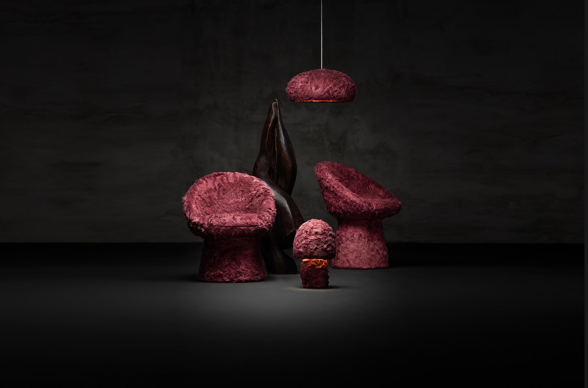 Sculptural mycelium-based furniture from Aifunghi's Outspoken collection displayed at Material Matters during 3daysofdesign 2026 in Copenhagen's Gammel Dok Warehouse.