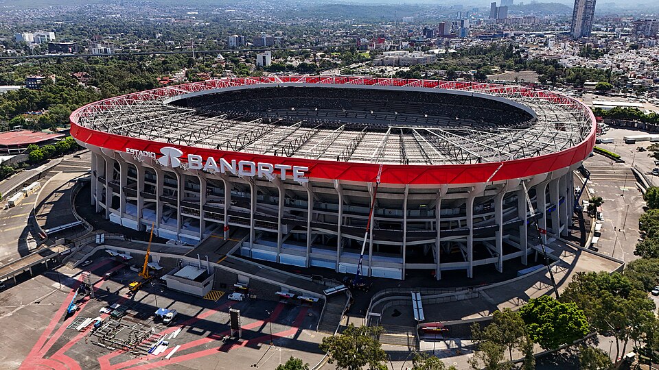 Drone aerial view of the Azteca Stadium in Mexico City after its 2026 renovation as Banorte Stadium.