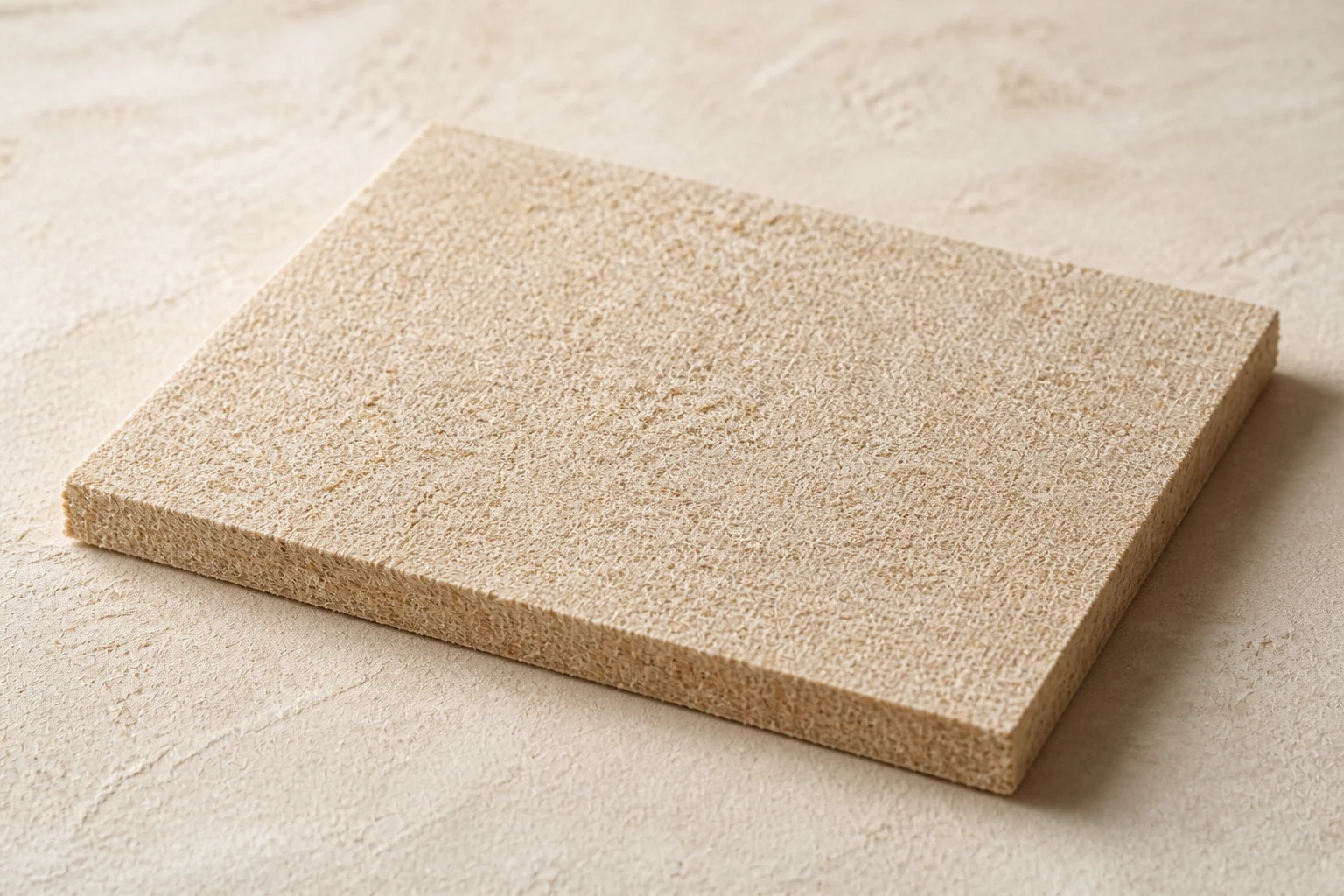 HyphaTex architectural panel made from recovered textile fibres, date-palm waste, and mycelium
